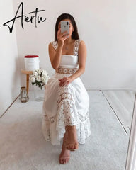 Aiertu Elegant Women's Dress Stitching Hollow Suspender Dresses Summer Women's Clothing Solid Color Sleeveless Sexy Lace Dress Aiertu