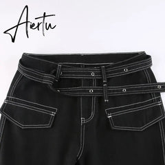 Aiertu Emo Punk Chain Pants Black Denim Woman Gothic Alt Clothes Y2k Streetwear Vintage Straight Pants Pockets High Waist Trousers Aiertu