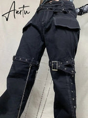 Aiertu Emo Punk Chain Pants Black Denim Woman Gothic Alt Clothes Y2k Streetwear Vintage Straight Pants Pockets High Waist Trousers Aiertu