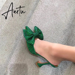 Aiertu Europe and the United States Super Flash Bow Rhinestone Shiny Wine Glass with High Heel Women's Slippers Aiertu