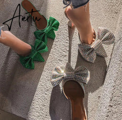 Aiertu Europe and the United States Super Flash Bow Rhinestone Shiny Wine Glass with High Heel Women's Slippers Aiertu