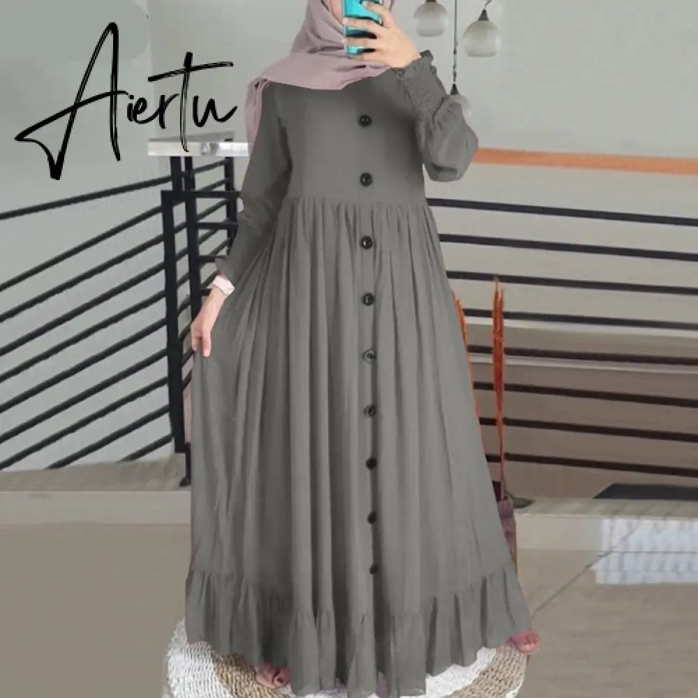 Aiertu Evening Long Dress Arabic Turkish Islamic Clothing Vintage Women Casual Solid Puff Sleeve Ladies Kaftan Sundress Aiertu