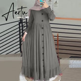 Aiertu Evening Long Dress Arabic Turkish Islamic Clothing Vintage Women Casual Solid Puff Sleeve Ladies Kaftan Sundress Aiertu