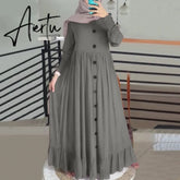 Aiertu Evening Long Dress Arabic Turkish Islamic Clothing Vintage Women Casual Solid Puff Sleeve Ladies Kaftan Sundress Aiertu