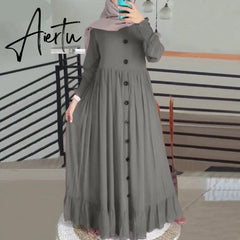Aiertu Evening Long Dress Arabic Turkish Islamic Clothing Vintage Women Casual Solid Puff Sleeve Ladies Kaftan Sundress Aiertu