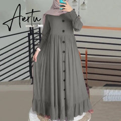 Aiertu Evening Long Dress Arabic Turkish Islamic Clothing Vintage Women Casual Solid Puff Sleeve Ladies Kaftan Sundress Aiertu
