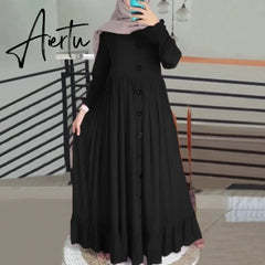 Aiertu Evening Long Dress Arabic Turkish Islamic Clothing Vintage Women Casual Solid Puff Sleeve Ladies Kaftan Sundress Aiertu