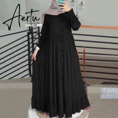 Aiertu Evening Long Dress Arabic Turkish Islamic Clothing Vintage Women Casual Solid Puff Sleeve Ladies Kaftan Sundress Aiertu