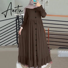 Aiertu Evening Long Dress Arabic Turkish Islamic Clothing Vintage Women Casual Solid Puff Sleeve Ladies Kaftan Sundress Aiertu