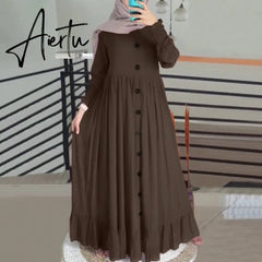 Aiertu Evening Long Dress Arabic Turkish Islamic Clothing Vintage Women Casual Solid Puff Sleeve Ladies Kaftan Sundress Aiertu