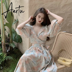 Aiertu Fairy Dress Floral Puff Sleeve Dress Female Summer Ladies Lace Wrap Dress V-neck One Piece Korean Style Tie Midi Dress Women Clothing Aiertu