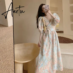Aiertu Fairy Dress Floral Puff Sleeve Dress Female Summer Ladies Lace Wrap Dress V-neck One Piece Korean Style Tie Midi Dress Women Clothing Aiertu