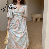 Aiertu Fairy Dress Floral Puff Sleeve Dress Female Summer Ladies Lace Wrap Dress V-neck One Piece Korean Style Tie Midi Dress Women Clothing Aiertu