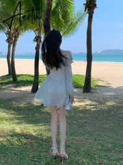 Aiertu Fairy Dress Long Sleeve Dress Female Blue Sweet A-Line Summer High Waist Vintage Slim Fairy Dress Princess Dress Sundress Beachwear Holiday Aiertu