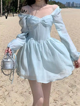 Aiertu Fairy Dress Long Sleeve Dress Female Blue Sweet A-Line Summer High Waist Vintage Slim Fairy Dress Princess Dress Sundress Beachwear Holiday Aiertu