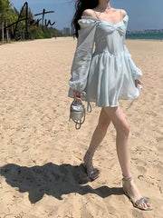 Aiertu Fairy Dress Long Sleeve Dress Female Blue Sweet A-Line Summer High Waist Vintage Slim Fairy Dress Princess Dress Sundress Beachwear Holiday Aiertu
