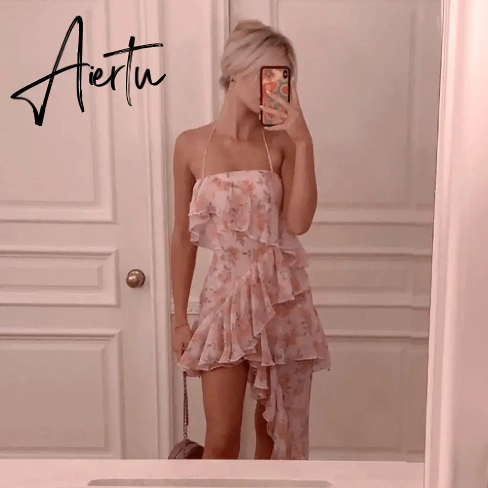 Aiertu Fairy Dress Ruffled Breast Wrap Strap Dress Women's Spring Summer Midi Flower Halterneck Boho Dress Beach Dress Sundress Aiertu