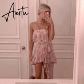 Aiertu Fairy Dress Ruffled Breast Wrap Strap Dress Women's Spring Summer Midi Flower Halterneck Boho Dress Beach Dress Sundress Aiertu