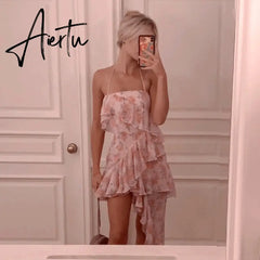 Aiertu Fairy Dress Ruffled Breast Wrap Strap Dress Women's Spring Summer Midi Flower Halterneck Boho Dress Beach Dress Sundress Aiertu