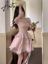 Aiertu Fairy Dress Ruffled Puff Sleeve Dress Solid Square Collar Women's Summer Dress Chic High Waist Sweet Pink Cake Short Fairy Dress Vestidos Aiertu