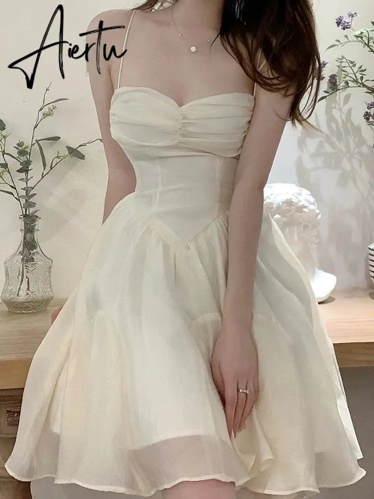 Aiertu Fairy Dress Summer Spaghetti Strap Dress Pleated Backless Corset Dress High Waist Slim Short A-Line Dress Gauze Women's Spring Clothing Aiertu