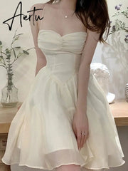 Aiertu Fairy Dress Summer Spaghetti Strap Dress Pleated Backless Corset Dress High Waist Slim Short A-Line Dress Gauze Women's Spring Clothing Aiertu