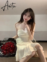 Aiertu Fairy Dress Summer Spaghetti Strap Dress Pleated Backless Corset Dress High Waist Slim Short A-Line Dress Gauze Women's Spring Clothing Aiertu