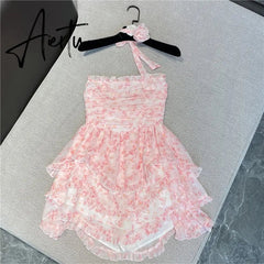 Aiertu Fairy Dress Wrapped Chest Floral Dress Women Summer French High Waist Holiday Dress Puffy Bohemian Dress Irregular Sundress Femme Robe Aiertu