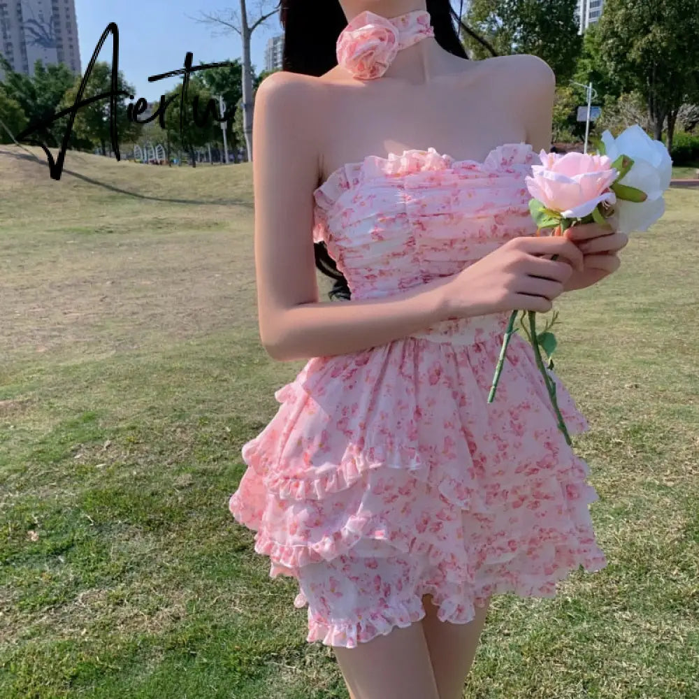 Aiertu Fairy Dress Wrapped Chest Floral Dress Women Summer French High Waist Holiday Dress Puffy Bohemian Dress Irregular Sundress Femme Robe Aiertu