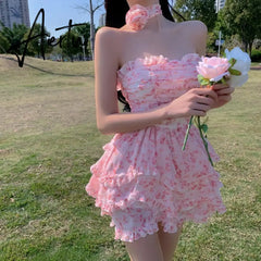 Aiertu Fairy Dress Wrapped Chest Floral Dress Women Summer French High Waist Holiday Dress Puffy Bohemian Dress Irregular Sundress Femme Robe Aiertu