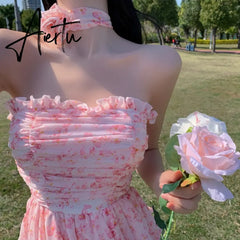Aiertu Fairy Dress Wrapped Chest Floral Dress Women Summer French High Waist Holiday Dress Puffy Bohemian Dress Irregular Sundress Femme Robe Aiertu