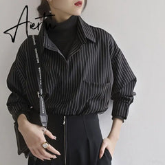Aiertu Fake Two Piece Striped Shirt Women Patchwork Knitted Turtleneck Autumn Winter Long Sleeve Casual Loose Female Blouse Tops Aiertu