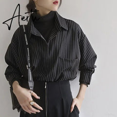 Aiertu Fake Two Piece Striped Shirt Women Patchwork Knitted Turtleneck Autumn Winter Long Sleeve Casual Loose Female Blouse Tops Aiertu