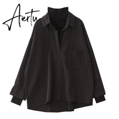 Aiertu Fake Two Piece Striped Shirt Women Patchwork Knitted Turtleneck Autumn Winter Long Sleeve Casual Loose Female Blouse Tops Aiertu