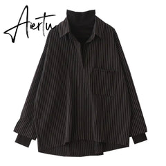 Aiertu Fake Two Piece Striped Shirt Women Patchwork Knitted Turtleneck Autumn Winter Long Sleeve Casual Loose Female Blouse Tops Aiertu