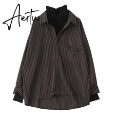 Aiertu Fake Two Piece Striped Shirt Women Patchwork Knitted Turtleneck Autumn Winter Long Sleeve Casual Loose Female Blouse Tops Aiertu