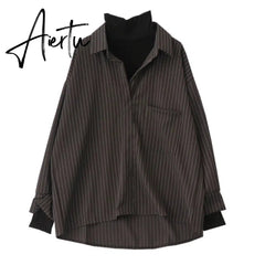 Aiertu Fake Two Piece Striped Shirt Women Patchwork Knitted Turtleneck Autumn Winter Long Sleeve Casual Loose Female Blouse Tops Aiertu