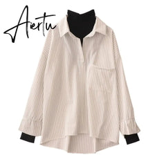 Aiertu Fake Two Piece Striped Shirt Women Patchwork Knitted Turtleneck Autumn Winter Long Sleeve Casual Loose Female Blouse Tops Aiertu