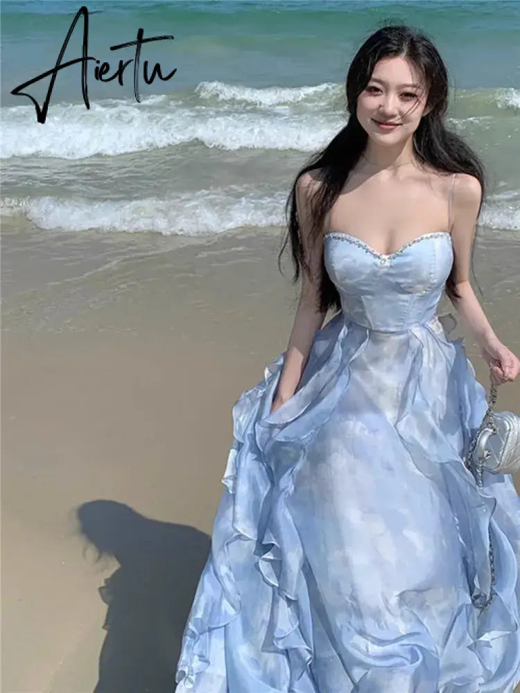 Aiertu Fashion 2024 Summer Blue Fairy Midi Holiday Dress Ruffles Sexy Strap Slip Dress Sleeveless Vacation Beach Seaside Photo Skirt Aiertu