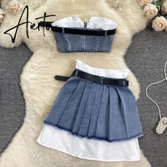 Aiertu Fashion American Retro Y2K Sexy Denim Suits Women Strapless Mini Top+ Pleated Mini Skirt Vintage Beach Two Pieces Set Aiertu