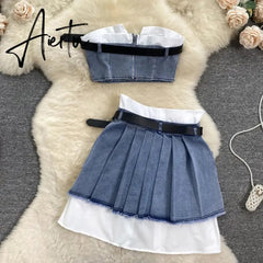 Aiertu Fashion American Retro Y2K Sexy Denim Suits Women Strapless Mini Top+ Pleated Mini Skirt Vintage Beach Two Pieces Set Aiertu