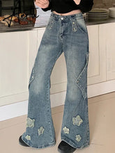 Aiertu Fashion Blue Denim Pants Women Embroidery Star New Design High Waist Slim Bell Bottoms Gyaru Jeans Streetwear Vintage Kpop Aiertu