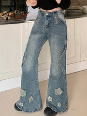 Aiertu Fashion Blue Denim Pants Women Embroidery Star New Design High Waist Slim Bell Bottoms Gyaru Jeans Streetwear Vintage Kpop Aiertu