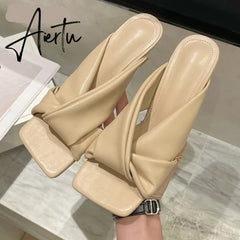 Aiertu Fashion Brand Pleated Open Toe Slides Ladies Low Heels Beach Slippers Summer Outdoor Sandals Ladies Shoes Size 35-42 Aiertu