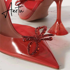 Aiertu Fashion brand Rhinestones Bowknot Women Pumps Sexy clear PVC Slingback High heels Jelly Shoes Summer Ladies Wedding Bridal Shoes Aiertu
