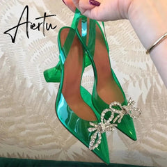 Aiertu Fashion brand Rhinestones Bowknot Women Pumps Sexy clear PVC Slingback High heels Jelly Shoes Summer Ladies Wedding Bridal Shoes Aiertu