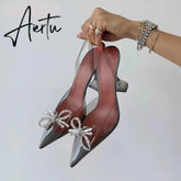 Aiertu Fashion brand Rhinestones Bowknot Women Pumps Sexy clear PVC Slingback High heels Jelly Shoes Summer Ladies Wedding Bridal Shoes Aiertu
