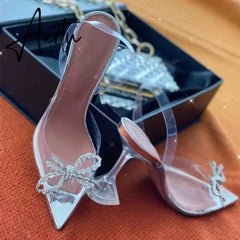 Aiertu Fashion brand Rhinestones Bowknot Women Pumps Sexy clear PVC Slingback High heels Jelly Shoes Summer Ladies Wedding Bridal Shoes Aiertu