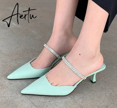 Aiertu Fashion Brand Women Slipper Crystal Pointed Toe Slip On Mules Shoes Thin High Heel Ladies Elegant Dress Slides Aiertu