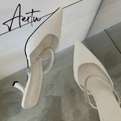 Aiertu Fashion Brand Women Slipper Crystal Pointed Toe Slip On Mules Shoes Thin High Heel Ladies Elegant Dress Slides Aiertu